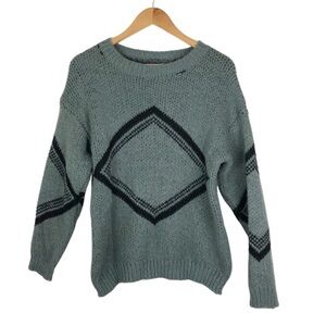 Handmade Knit Women’s Grey Geometric Retro Crewneck Grandpa Pullover Sweater
